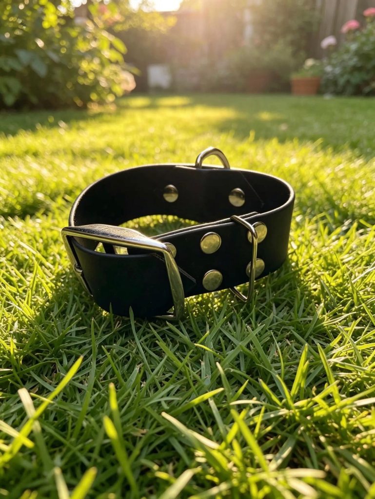 collier biothane dans l'herbe Maison Canikiff à Martigné sur Mayenne 