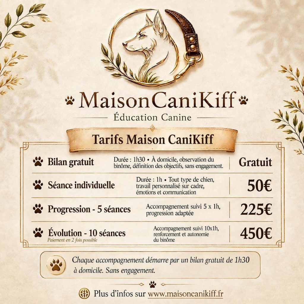 Tarifs éducation canine Maison CaniKiff-bilan gratuit, séance 50 euros progression 5 séances 225 euros  évolution 10 séances 450 euros  