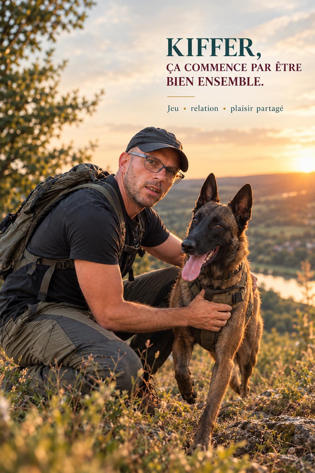 Renaud Bervil et son chien malinois au coucher de soleil - Maison CaniKiff, kiffer ça commence par être bien ensemble