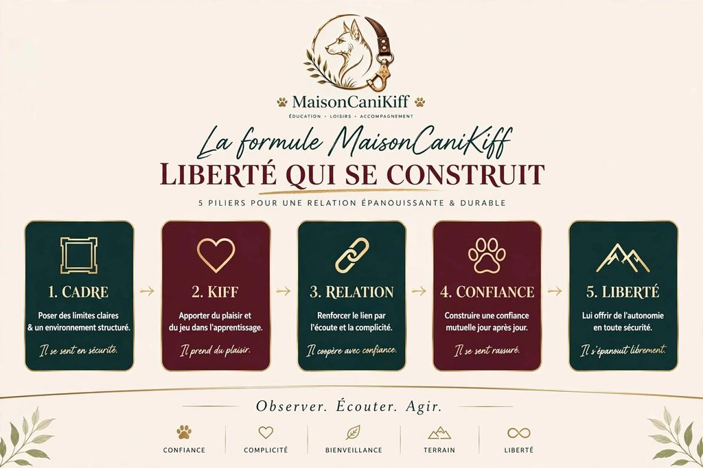 Chaîne cadre, kiff, relation, confiance, liberté - méthode Maison CaniKiff Mayenne
