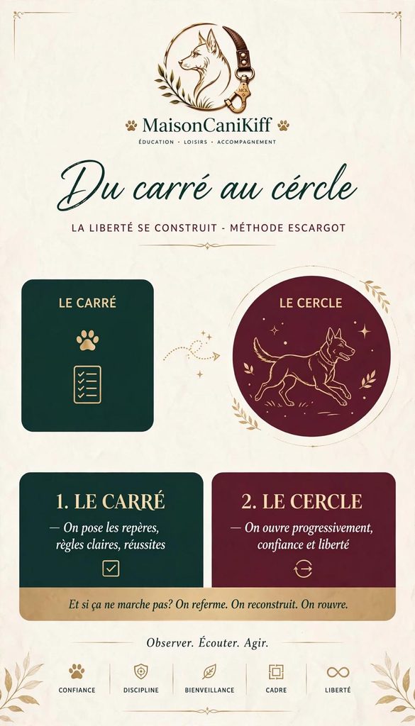Schéma du carré au cercle, la liberté du chien se construit progressivement  Maison CaniKiff